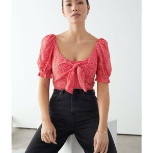 & Other Stories Red Printed Tie-Front Puff Sleeve Blouse